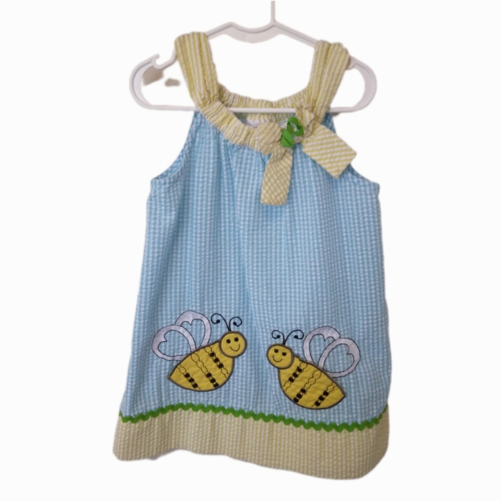 Rare Editions Size 6X Seersucker Blue Yellow Bumblebee Girls Dress